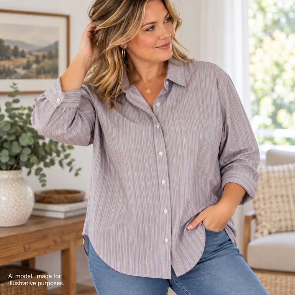 Eddie Bauer Shirt Women XXL Purple Stripe Cotton Stretch Wrinkle Resistant